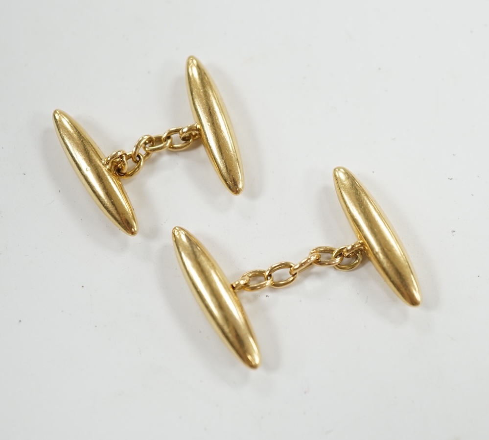 A pair of 18ct torpedo shaped cufflinks, 24mm, 7.9 grams. Condition - poor to fair